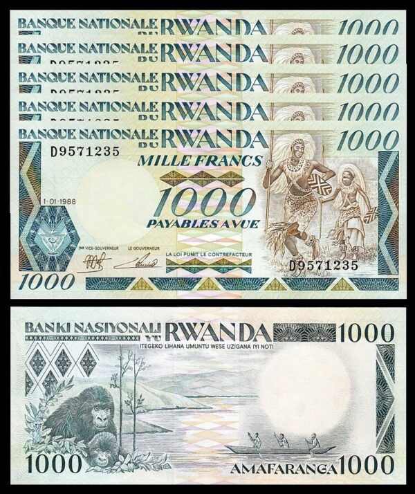 Rwanda 1000 Francs 1988, aUNC / UNC, 5 PCS LOT, P-21
