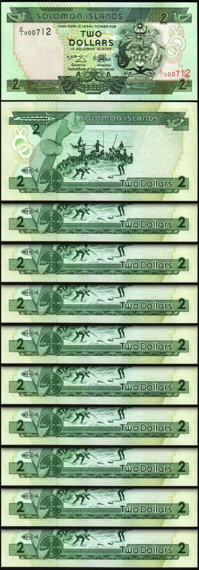 Solomon Islands 2 Dollars 1997, UNC, 10 Pcs LOT, LOW Serial, 0007**, C/I, P-18