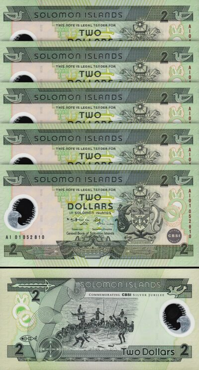 Solomon Islands 2 Dollars 2001, UNC, 5 Pcs LOT, Polymer, Comm, P-23