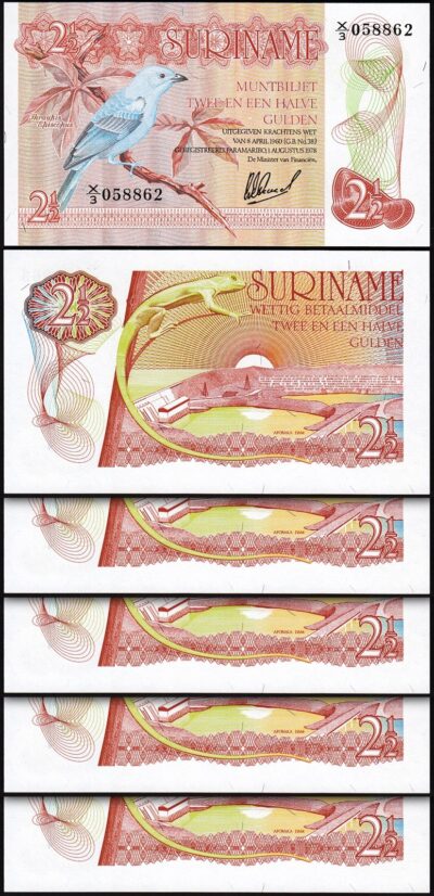 Suriname 2 1/2 , 2.5 Dollars 1978, UNC, 5 Pcs LOT, P-118b, Large