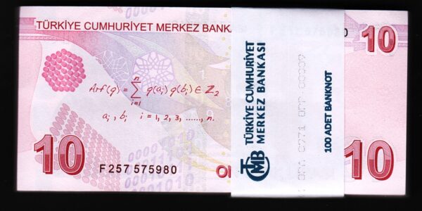 Turkey 10 Lira 2009 - 2022, UNC,  BUNDLE, Pack 100 PCS, Prfx F, P-223f, New Sign - Image 3