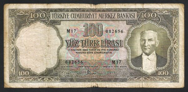 Turkey 100 Lira 1930, aVF, P-169a, Prefix M17