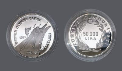 Turkey 1992 Silver Coin 925 Ag, Olympic Winter Games SPEED SKATING 50.000 LIRA