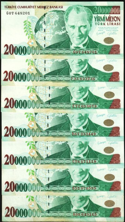 Turkey 20000000, 20 Million Lira 2000, 7 Pcs SET, aXF, P-215, Prfx A B C D E F G
