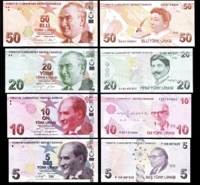 Turkey 4 Pcs UNC Set, 5 10 20 50 Lira 2022 2025, Pick 222 to 225