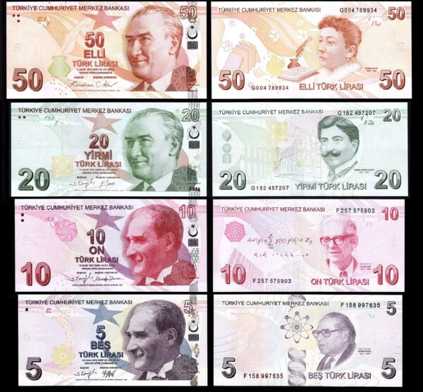 Turkey 4 Pcs UNC Set, 5 10 20 50 Lira 2022 2025, Pick 222 to 225