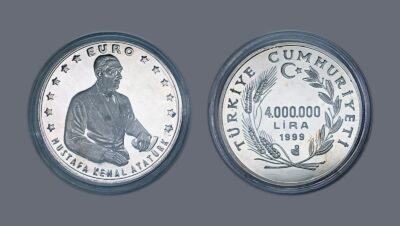 Turkey 4000000 Lira 1999 EURO Series 6 Mustafa Kemal ATATURK, SILVER, Coin 925Ag
