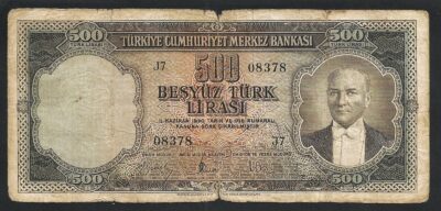 Turkey 500 Lira 1959, Very Good Condition, P-171, Prefix J7, 5th Emission
