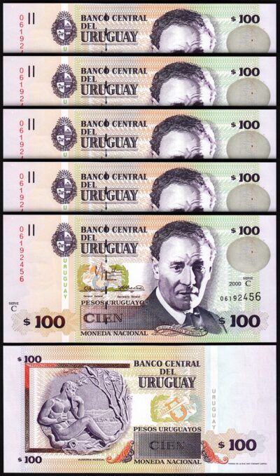 Uruguay 100 Pesos 2000, UNC, 5 Pcs LOT, Consecutive, P-76c, Serie C