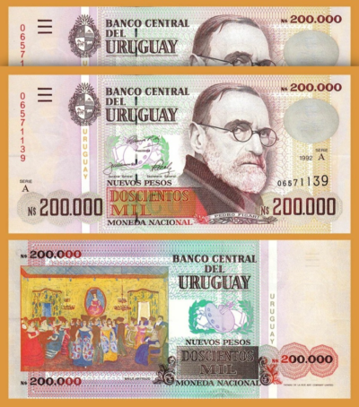 Uruguay 200000 Nuevos Pesos 1992, UNC, 2 Pcs PAIR, Consecutive, P-72, Serie A