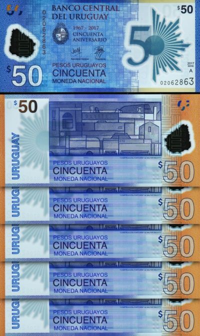 UNC X 2 2017 URUGUAY  POLYMER 50 PESOS COMMEMORATIVE BANKNOTE 2018