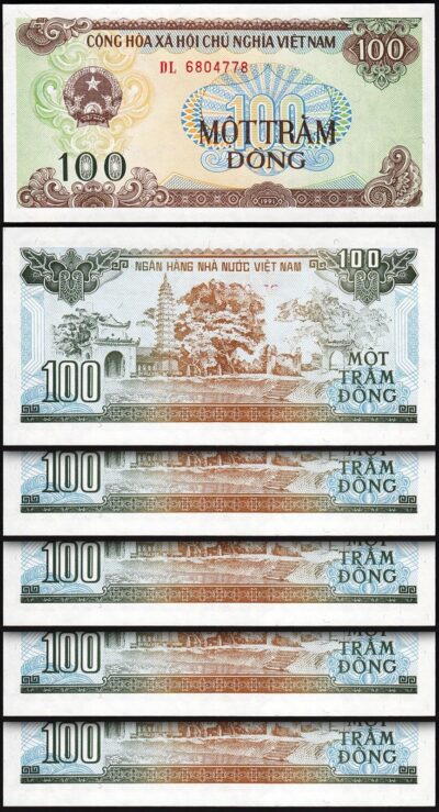 Vietnam 100 Dong 1991 - 1992, UNC, 5 Pcs LOT, P-105a
