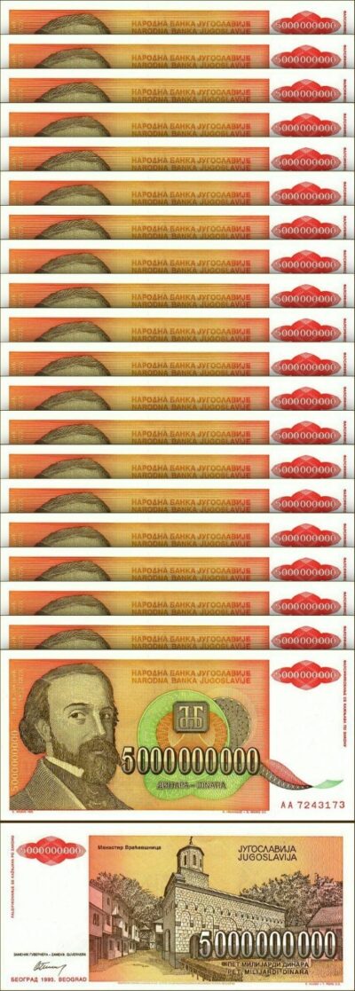 Yugoslavia 5000000000 5,000,000,000 5 Billion Dinara 1993, UNC, 20 Pcs LOT,P-135