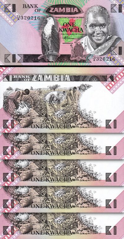 Zambia 1 Kwacha 1980 -1988, UNC, 5 Pcs LOT, Consecutive, P-23b, Sign 7
