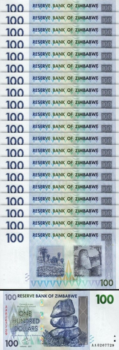 UNC AA P-69 Zimbabwe 100 Dollars One Hundred Dollars Banknote 2007 