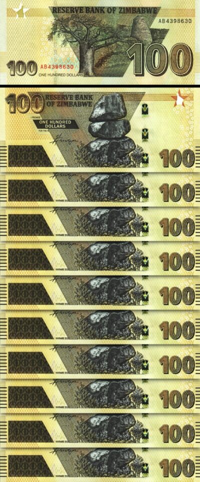 Zimbabwe 100 Dollars 2020 (2022), UNC, 10 Pcs LOT, P-New Design, AB