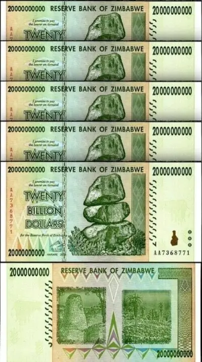 Zimbabwe 20 Billion 20,000,000,000 Dollars 2008, UNC, 5 Pcs LOT, P-86