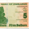 Zimbabwe 5 Dollars 2009, RADAR 7 Digit 0385830, UNC-, P.93, Prefix AA