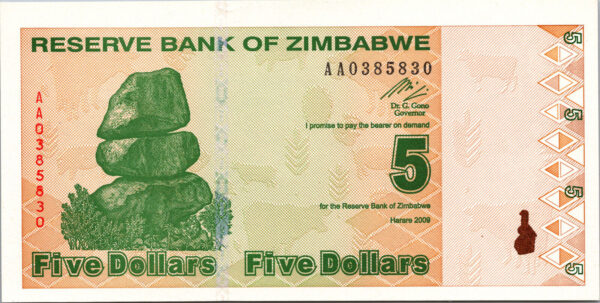 Zimbabwe 5 Dollars 2009, RADAR 7 Digit 0385830, UNC-, P.93, Prefix AA