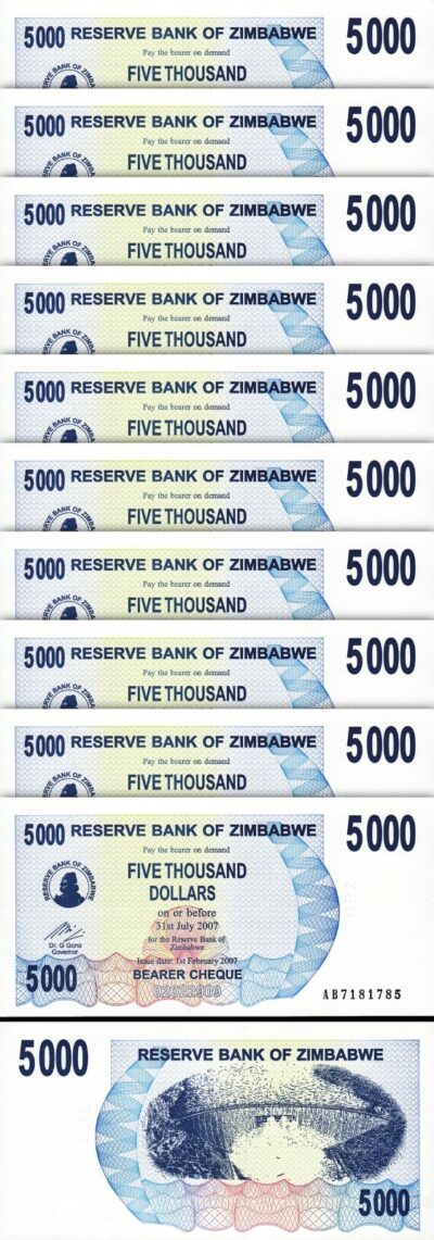 Zimbabwe 5000 Dollars 2007, UNC, 10 Pcs LOT, Consecutive, P-45, Bearer Cheque