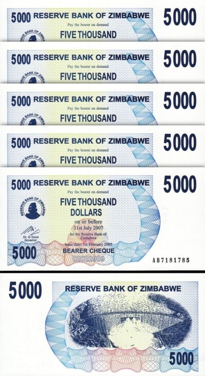 Zimbabwe 5000 Dollars 2007, UNC, 5 Pcs LOT, Consecutive, P-45, Bearer Cheque