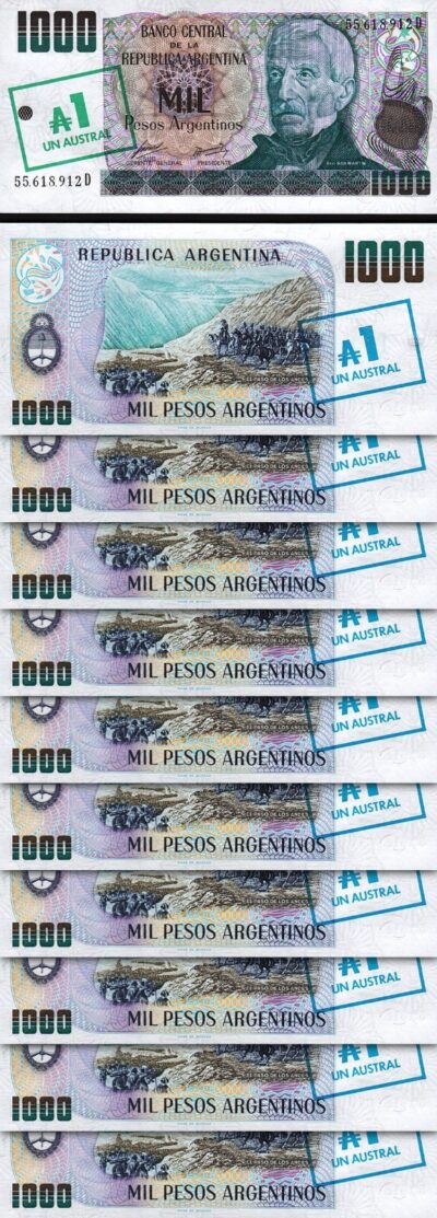 Argentina 1 Australes on 1000 Pesos, 1985 Overprint, UNC, 10 Pcs LOT, P-320