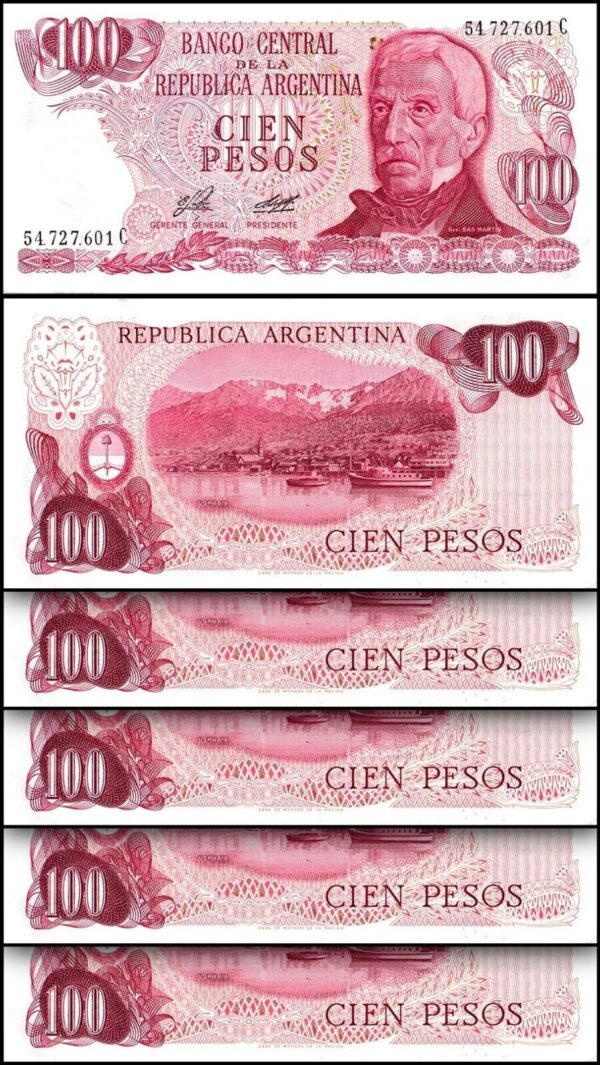 Argentina 100 Pesos, 1976 1977, UNC-, 5 Pcs LOT, Consecutive, P-302a Suffix C