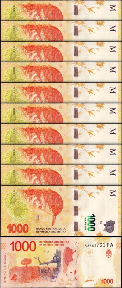 Argentina 1000 Pesos 2017 2023, UNC, 10 Pcs LOT, Consecutive, Suffix PA, P-366