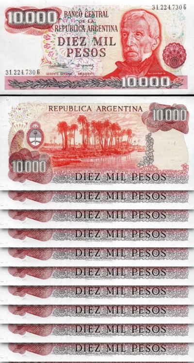 Argentina 10000 10,000 Pesos, 1976 - 1983, UNC, 10 Pcs LOT, Consecutive, P-306b