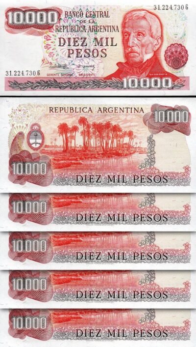 Argentina 10000 10,000 Pesos, 1976 - 1983, UNC, 5 Pcs Consecutive LOT, P-306b