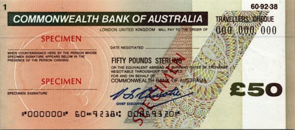 Australia SPECIMEN, Commonwealth Bank Travellers Cheque, 50 Dollars AU - UNC