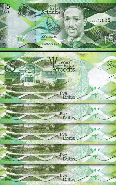 Barbados 5 Dollars, 2013, UNC, 5 Pcs LOT, P-74a