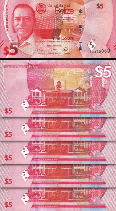 Belize 5 Dollars 2025, UNC, 5 Pcs Consecutive LOT, P-74, New Design