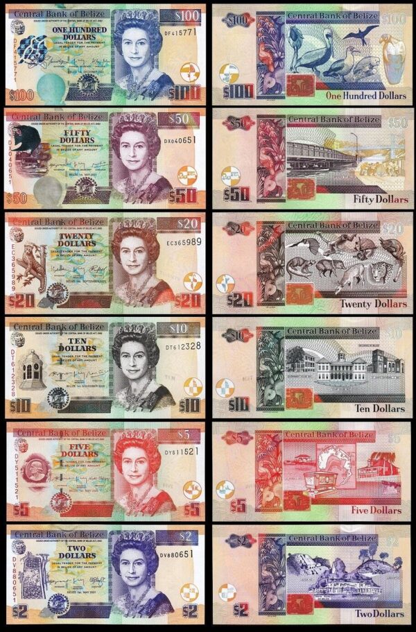 Belize 6 Pcs Set 2 5 10 20 50 100 Dollars 2020 2022, UNC, P-66 to P-71, QEII