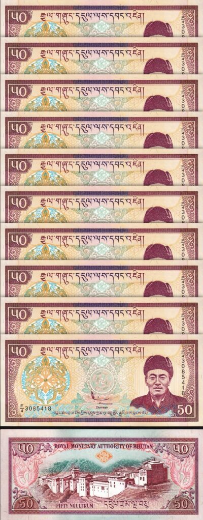 Bhutan 50 Ngultrum 2000, UNC, 10 Pcs LOT, Consecutive, P-24, Sign 3