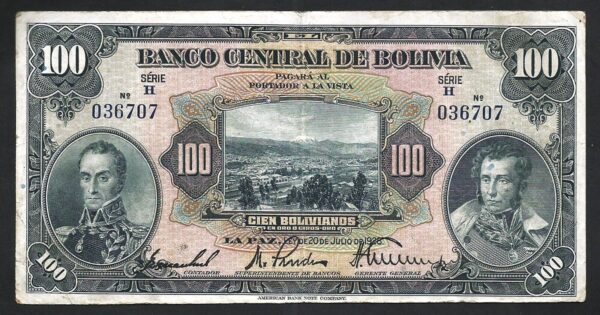 Bolivia 100 Boliviano 1928, VF+, P-125a