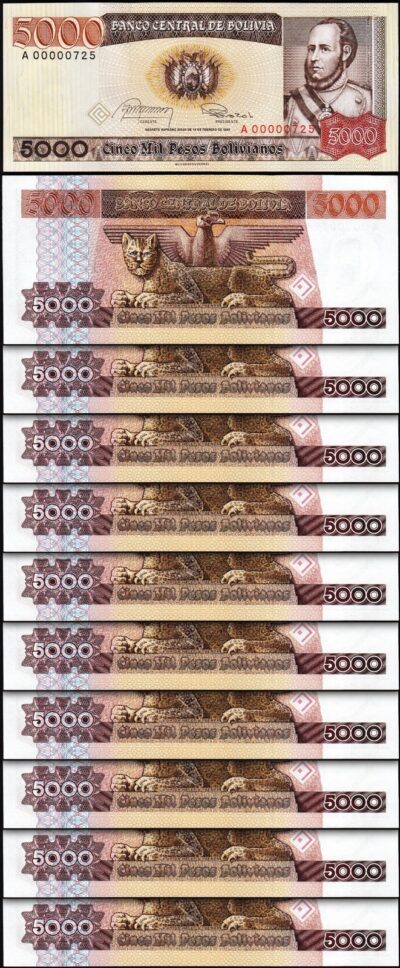 Bolivia 5000 Pesos Bolivianos 1984, LOW 000007**, UNC, 10 Pcs LOT, P-168a, Pfx A