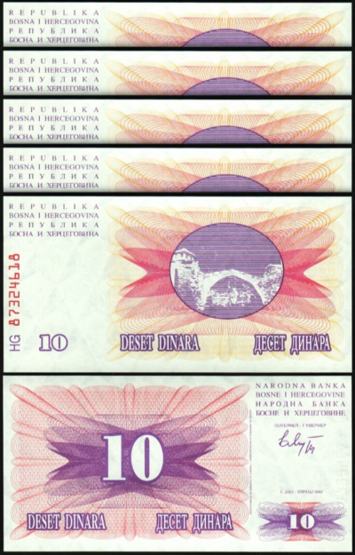 Bosnia 10 Dinara 1992, UNC, 5 Pcs LOT, Consecutive, P-10
