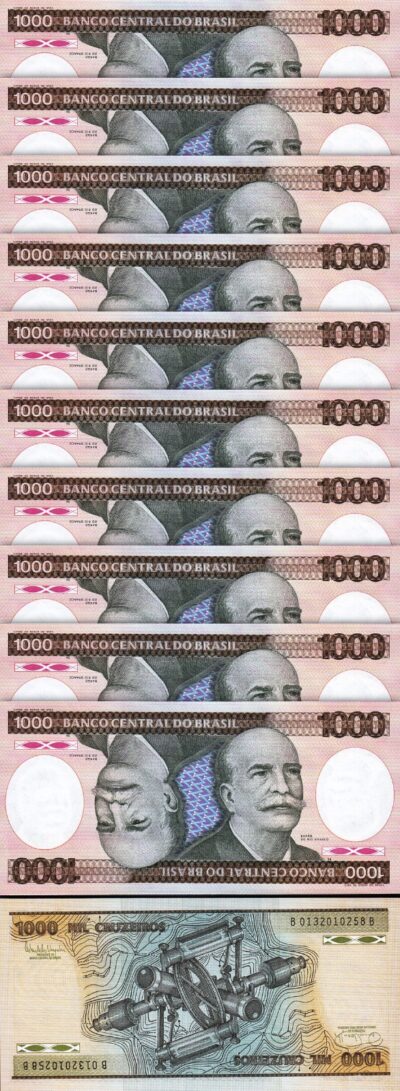 Brazil 1000 Cruzeiros 1986, UNC, 10 Pcs LOT, P-201d, Sign 22