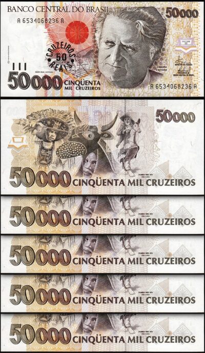 Brazil 50 Cruzeiros R on 50000 Cruzeiros 1993, UNC, 5 Pcs LOT, Consecutive,P-237