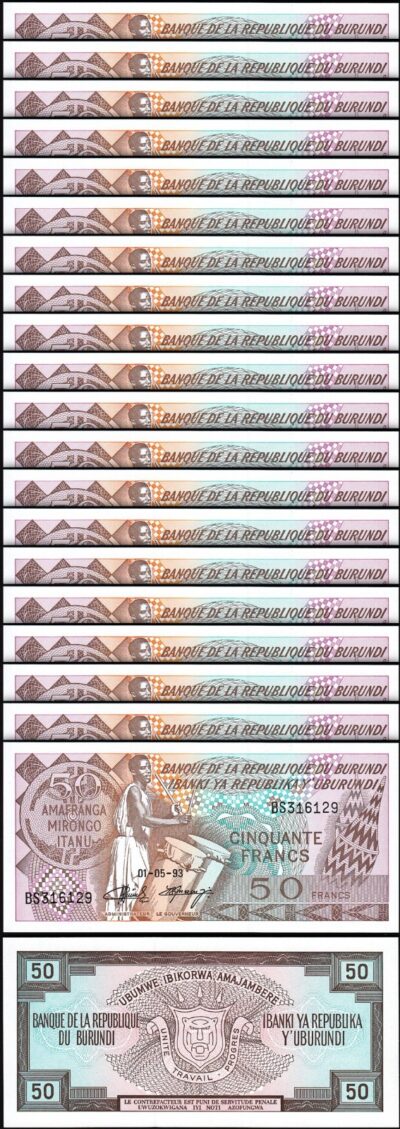 Burundi 50 Francs 1993, UNC, 20 Pcs LOT, Consecutive, P-28c