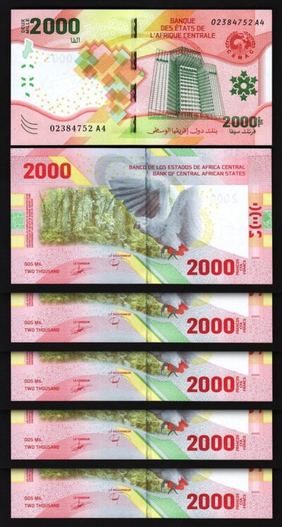 Central African St. 2000 Francs 2020 2022, UNC, 5 Pcs LOT, Polymer Hybrid, P-702