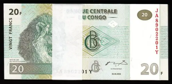 Congo 20 Francs 2003, UNC, BUNDLE, Pack of 100 PCS, Consecutive, P-94a