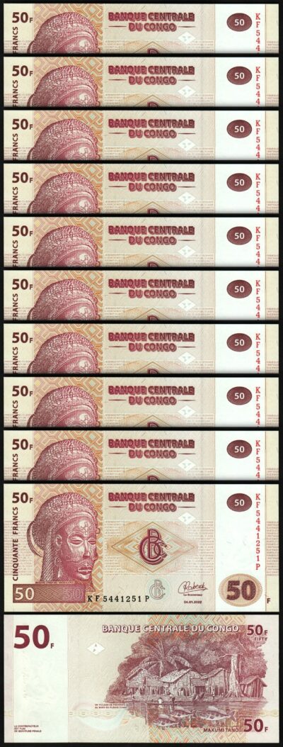 Congo 50 Francs 2022, UNC, 10 Pcs LOT, Consecutive, P-97b