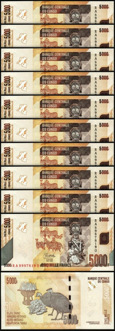 Congo Democratic Rep. 5000 Francs 2022, UNC, 10 Pcs LOT, P-102d