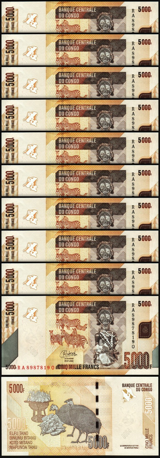 Congo Democratic Rep. 5000 Francs 2022, UNC, 10 Pcs LOT, P-102d