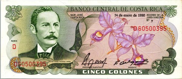 Costa Rica 5 Colones 1990, AU / UNC, P-236e