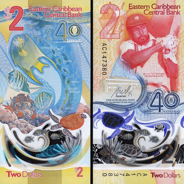 East Caribbean 2 Dollars 2023 2024, UNC, 2 Pcs PAIR, Consecutive, P-61, POLYMER - Image 3