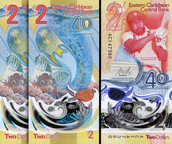 East Caribbean 2 Dollars 2023 2024, UNC, 2 Pcs PAIR, Consecutive, P-61, POLYMER