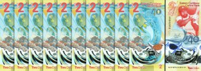 East Caribbean 2 Dollars 2023/2024, UNC, 10 Pcs LOT,AA POLYMER Comm.P-New Design
